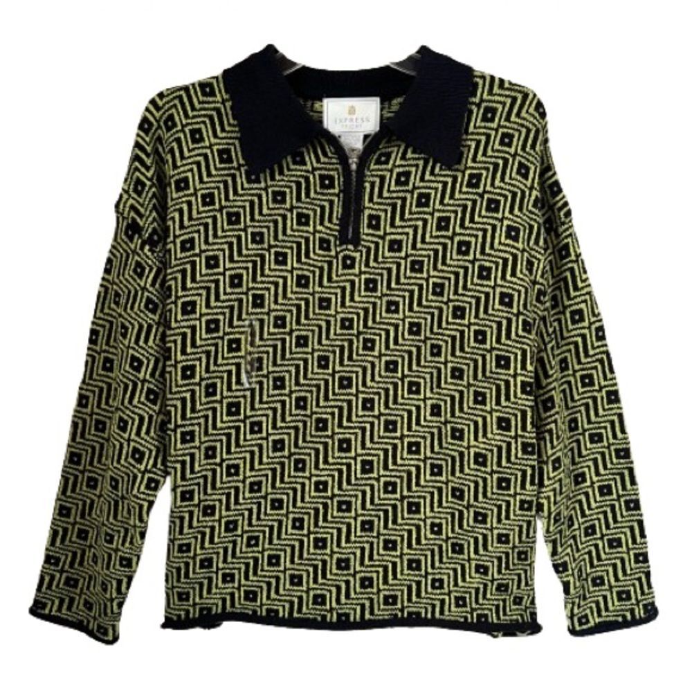 Vintage Express Tricot 90’s Quarter Zip Chevron Black Green Sweater NWT
